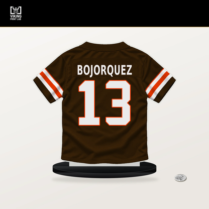 Corey Bojorquez number 13 Cleveland Browns jersey stand with included black base.