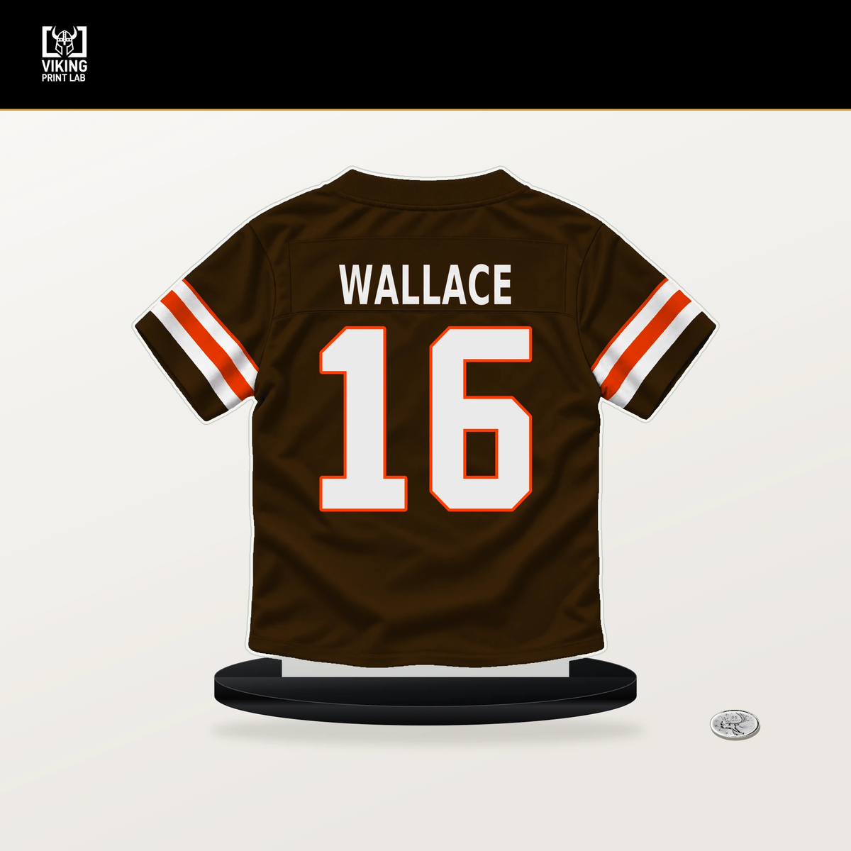 Tylan Wallace number 16 Cleveland Browns jersey stand with included black base.