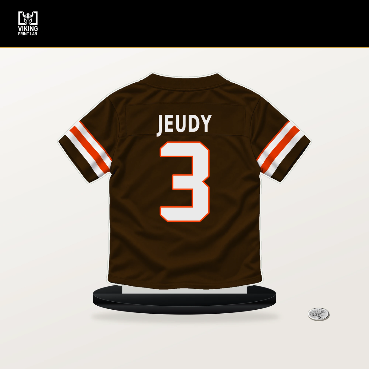 Jerry Jeudy number 3 Cleveland Browns jersey stand with included black base.