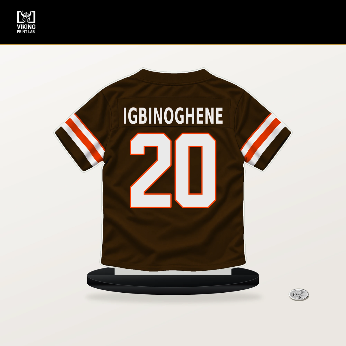 Noah Igbinoghene number 20 Cleveland Browns jersey stand with included black base.