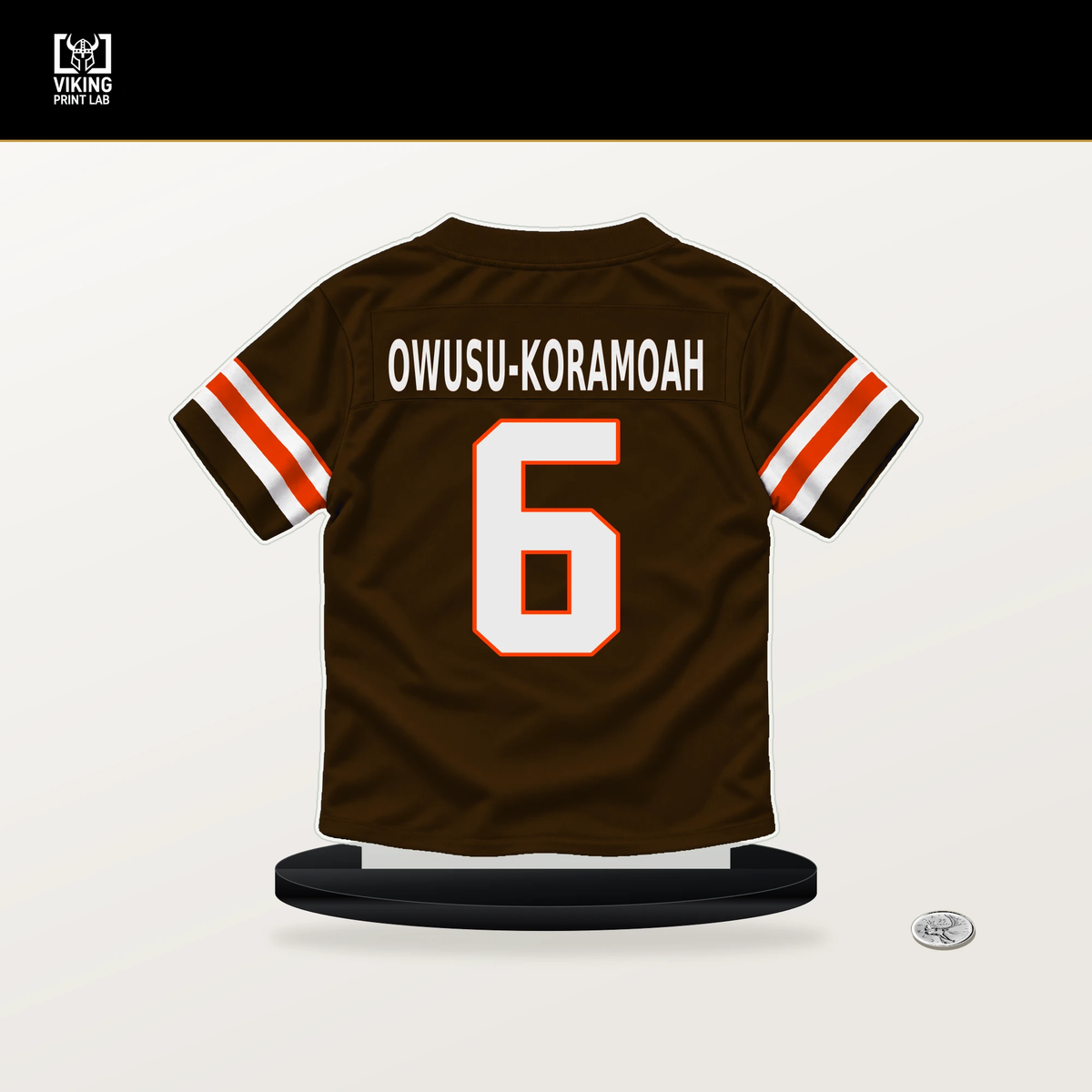 Jeremiah Owusu-Koramoah number 6 Cleveland Browns jersey stand with included black base.