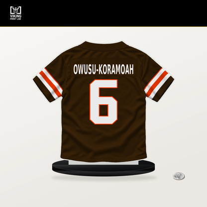 Jeremiah Owusu-Koramoah number 6 Cleveland Browns jersey stand with included black base.