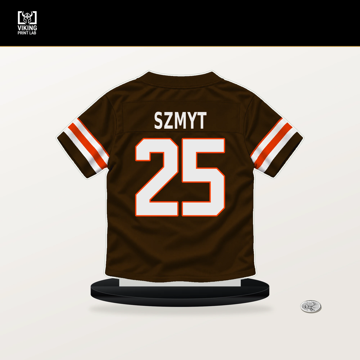 Andre Szmyt number 25 Cleveland Browns jersey stand with included black base.