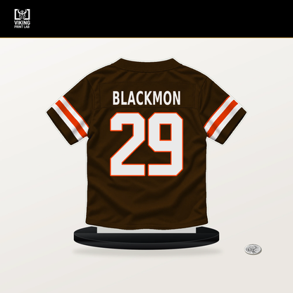 Mekhi Blackmon number 29 Cleveland Browns jersey stand with included black base.