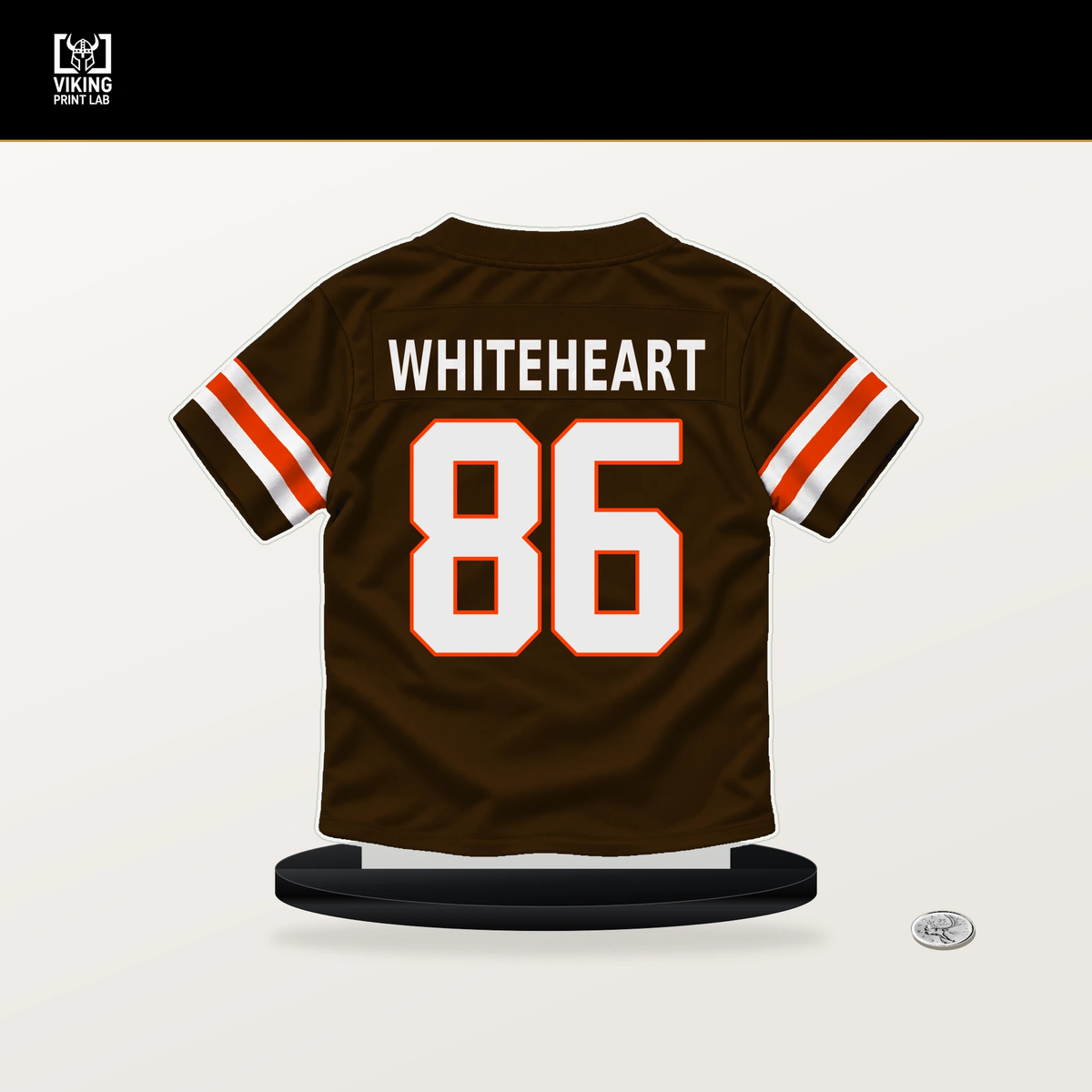Blake Whiteheart number 86 Cleveland Browns jersey stand with included black base.