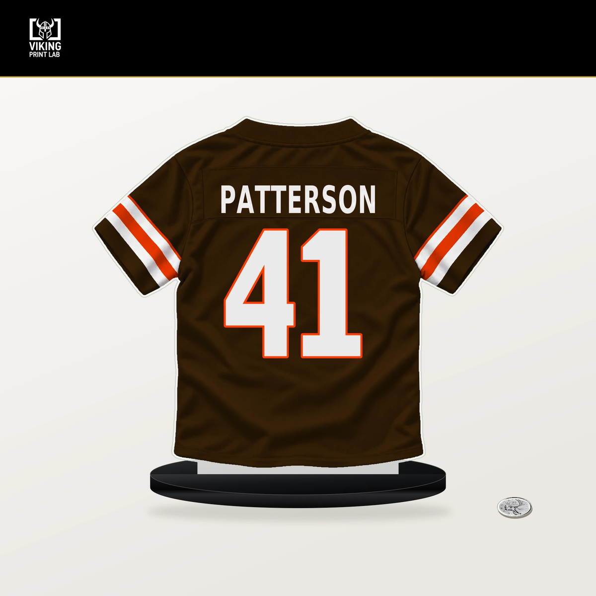 Jaret Patterson number 41 Cleveland Browns jersey stand with included black base.