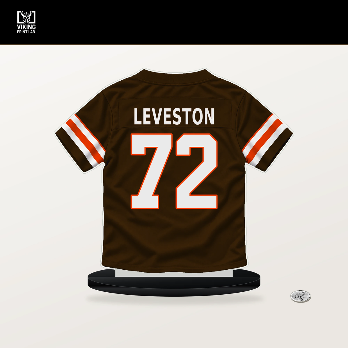 KT Leveston number 72 Cleveland Browns jersey stand with included black base.