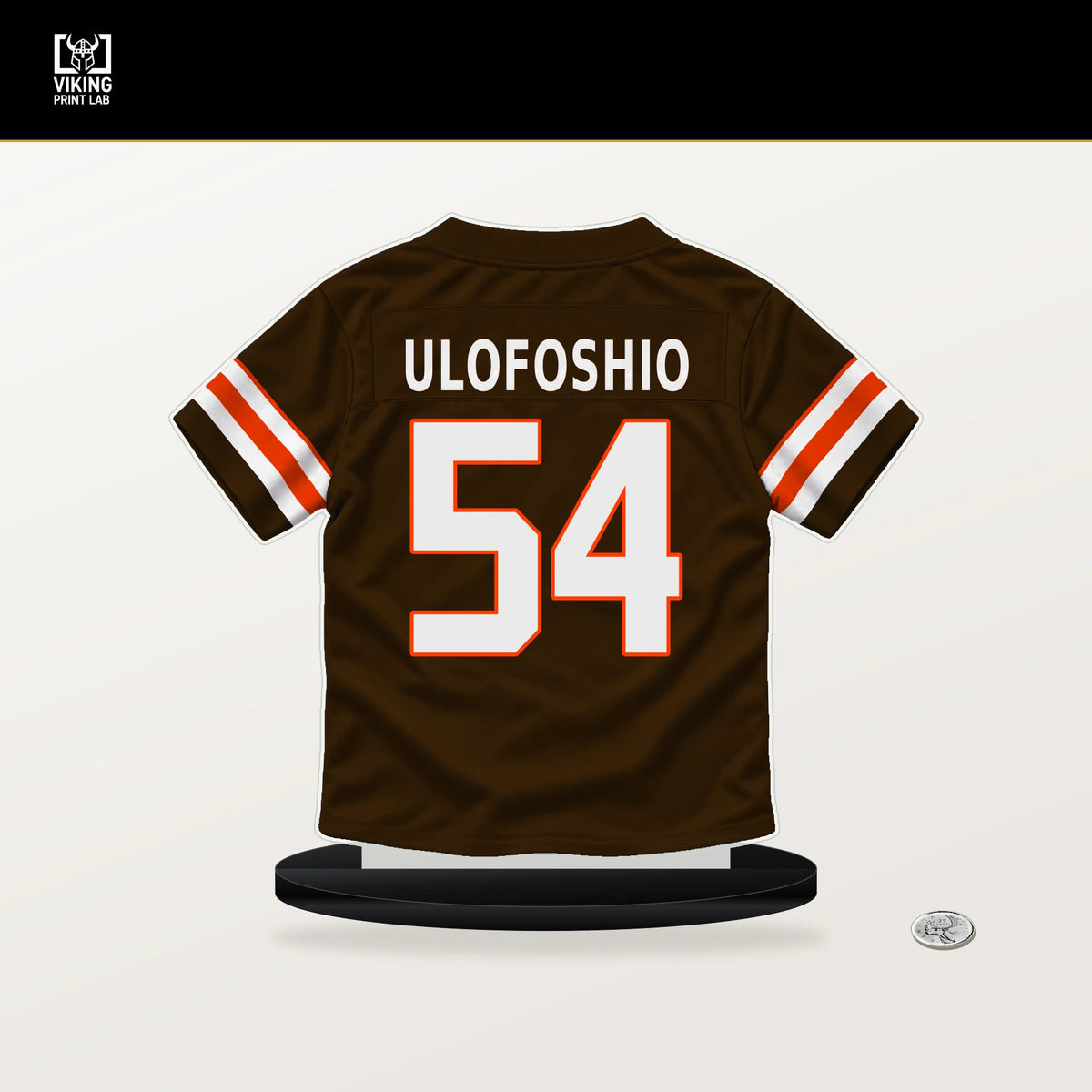 Edefuan Ulofoshio number 54 Cleveland Browns jersey stand with included black base.