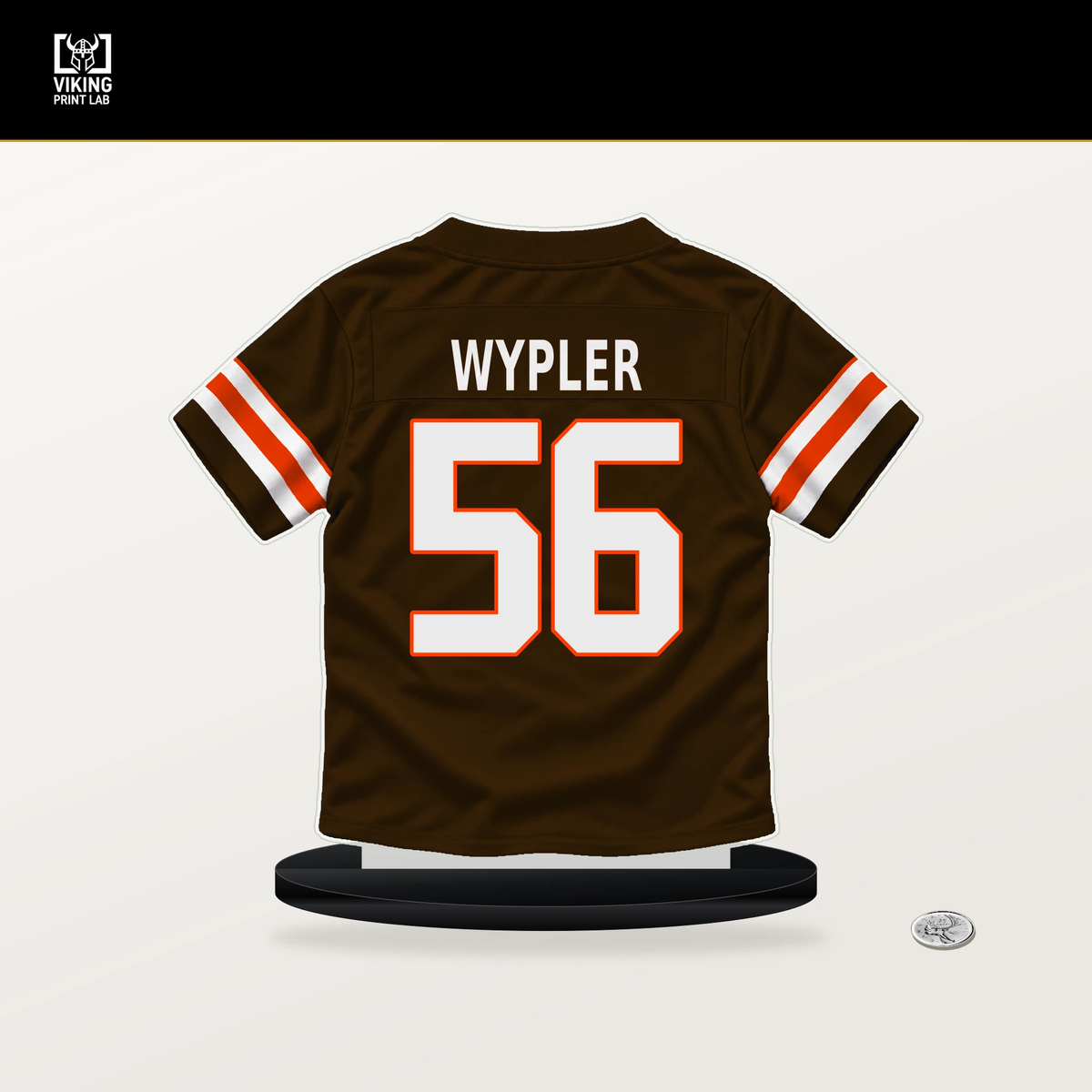 Luke Wypler number 56 Cleveland Browns jersey stand with included black base.