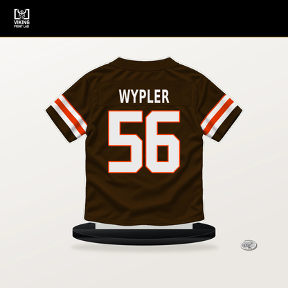 Luke Wypler number 56 Cleveland Browns jersey stand with included black base.