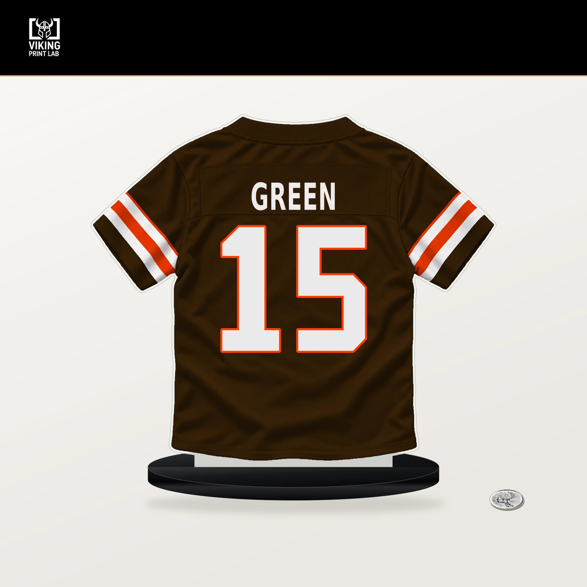 Taylen Green number 15 Cleveland Browns jersey stand with included black base.