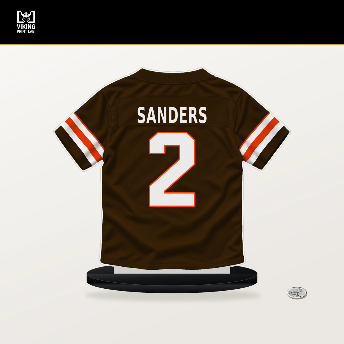 Shedeur Sanders number 2 Cleveland Browns jersey stand with included black base.