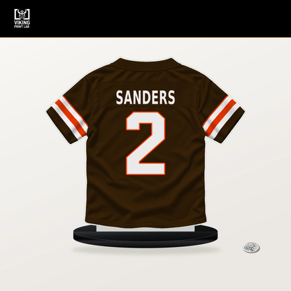 Shedeur Sanders number 2 Cleveland Browns jersey stand with included black base.
