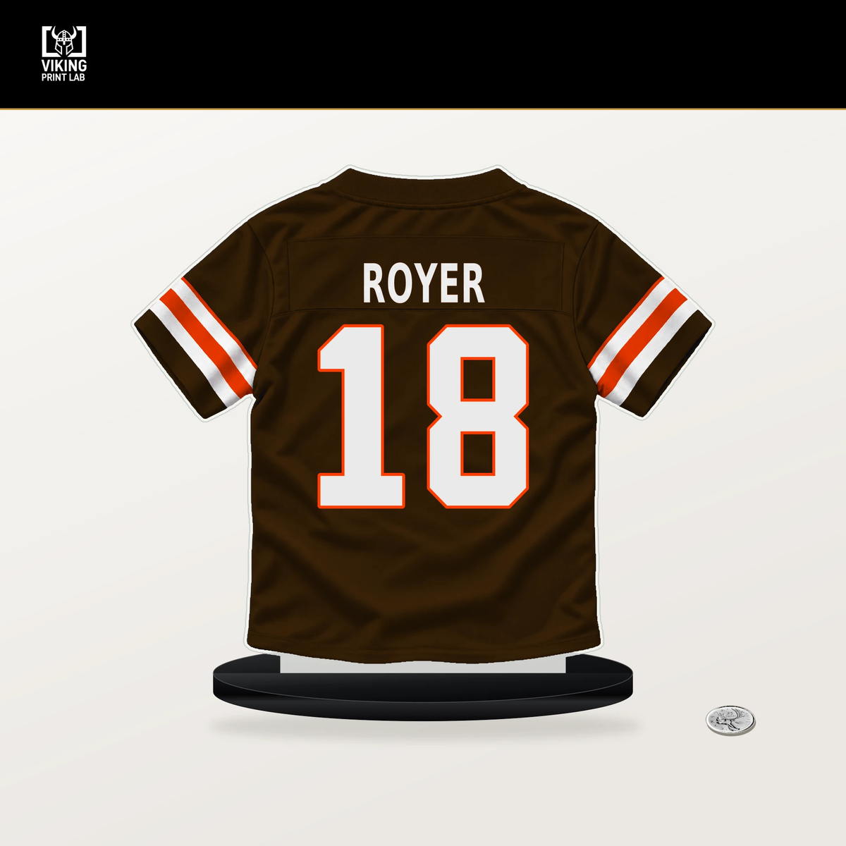 Joe Royer number 18 Cleveland Browns jersey stand with included black base.