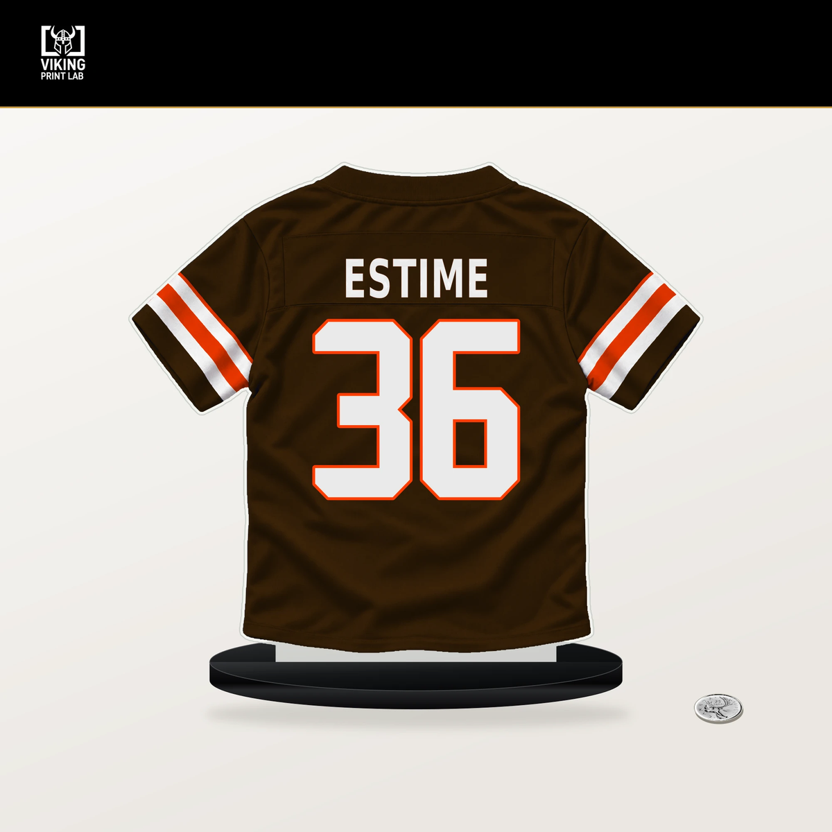 Audric Estime number 36 Cleveland Browns jersey stand with included black base.