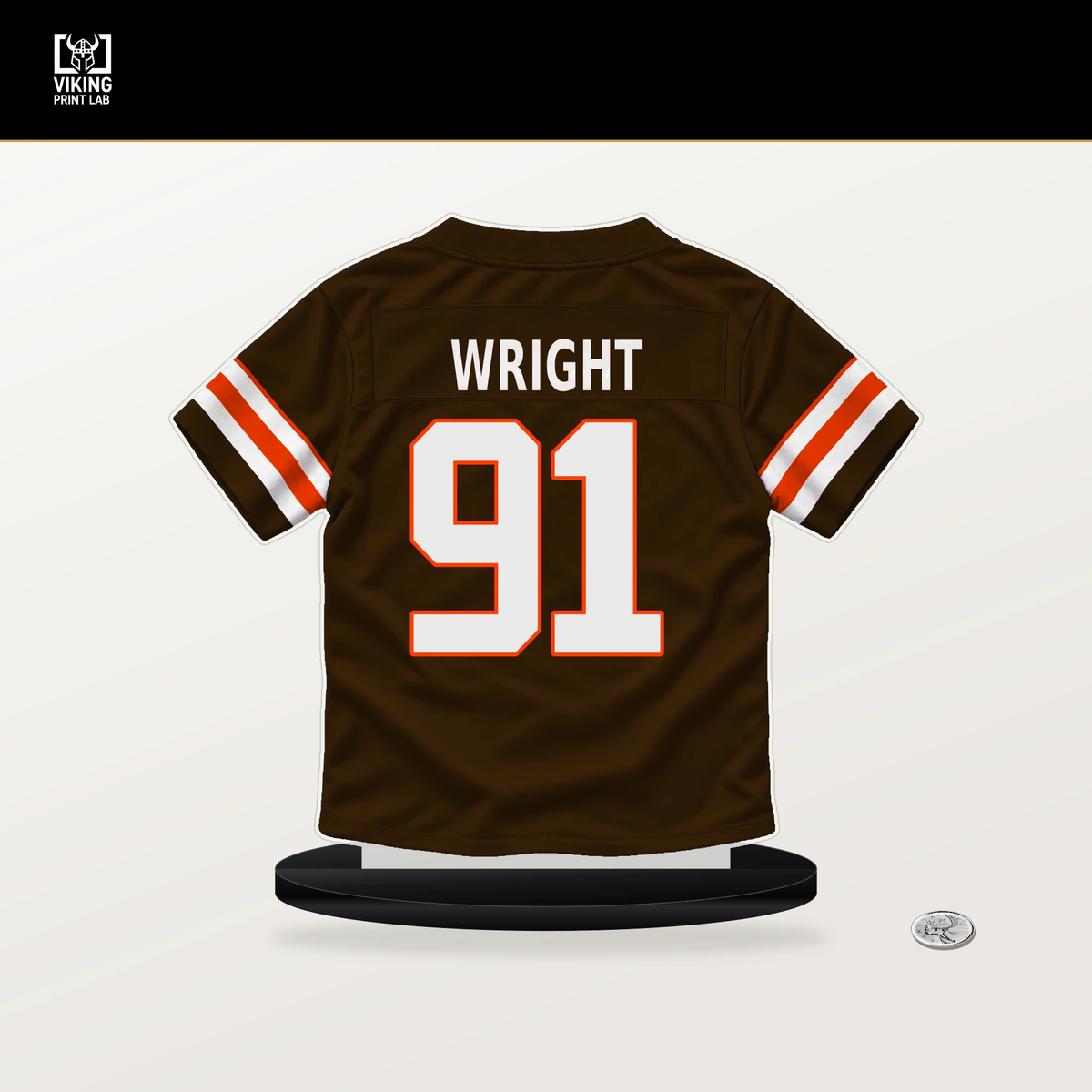 Alex Wright number 91 Cleveland Browns jersey stand with included black base.