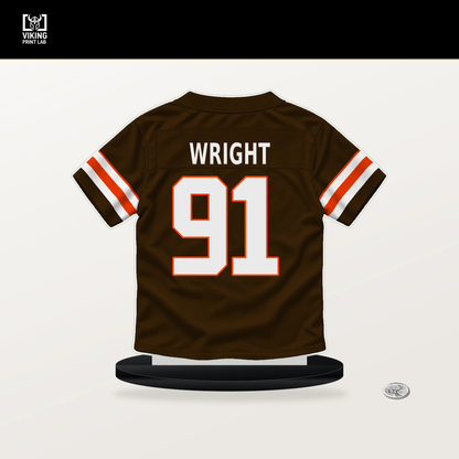 Alex Wright number 91 Cleveland Browns jersey stand with included black base.