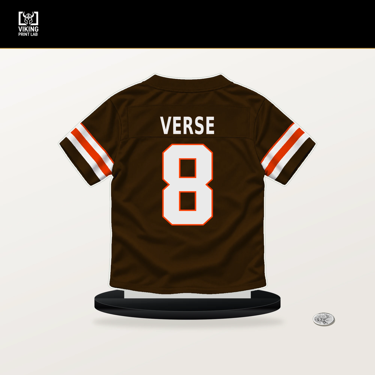 Jared Verse number 8 Cleveland Browns jersey stand with included black base.