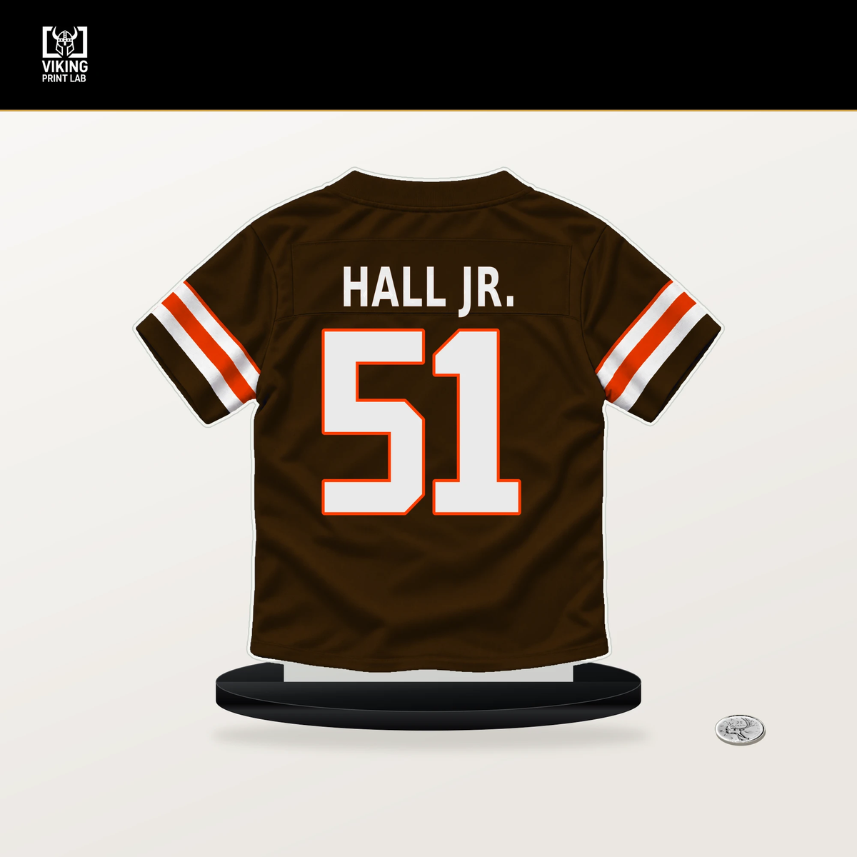Mike Hall Jr. number 51 Cleveland Browns jersey stand with included black base.