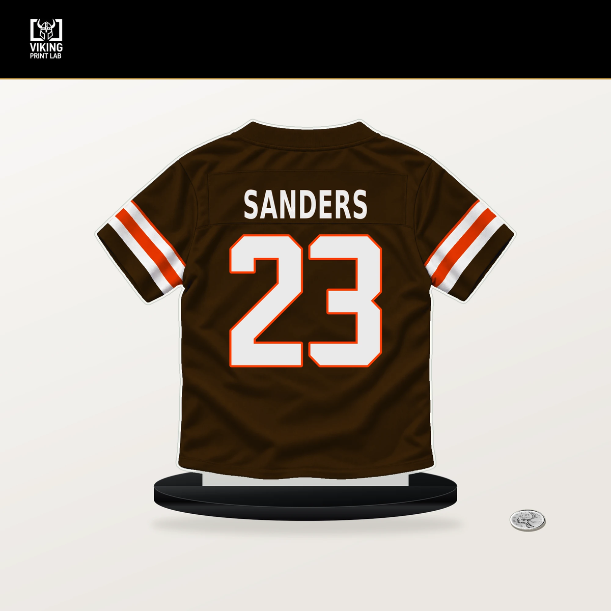 Raheim Sanders number 23 Cleveland Browns jersey stand with included black base.