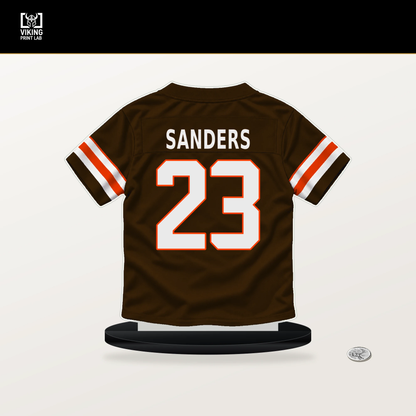 Raheim Sanders number 23 Cleveland Browns jersey stand with included black base.