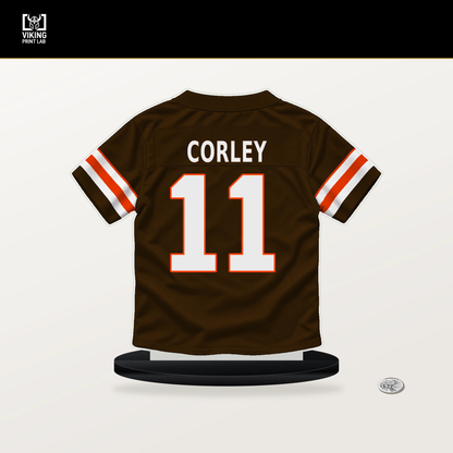 Malachi Corley number 11 Cleveland Browns jersey stand with included black base.