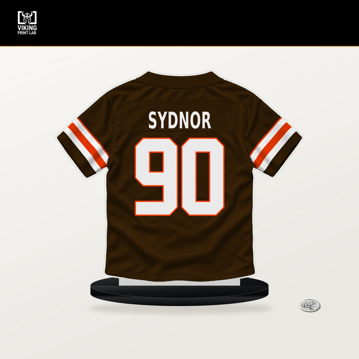 Khordae Sydnor number 90 Cleveland Browns jersey stand with included black base.