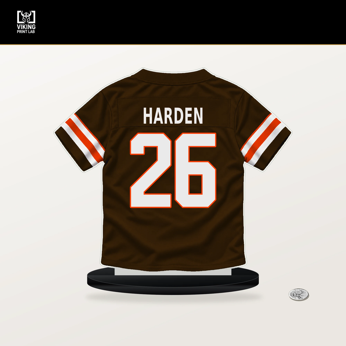 Myles Harden number 26 Cleveland Browns jersey stand with included black base.