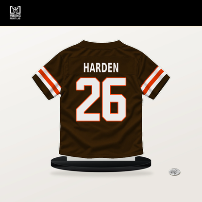 Myles Harden number 26 Cleveland Browns jersey stand with included black base.