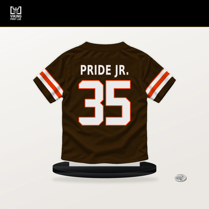 Toriano Pride Jr. number 35 Cleveland Browns jersey stand with included black base.