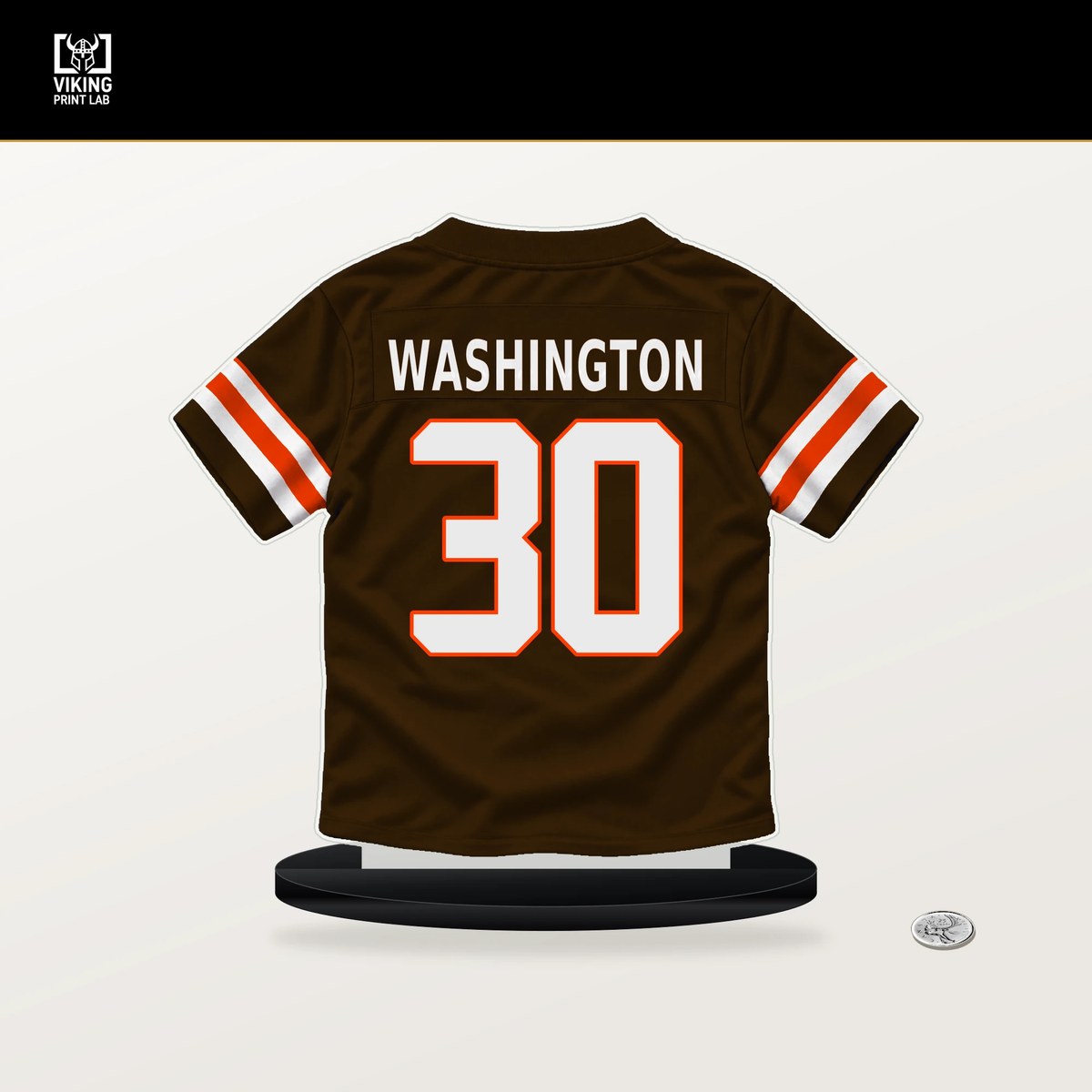 Zion Washington number 30 Cleveland Browns jersey stand with included black base.