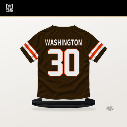 Zion Washington number 30 Cleveland Browns jersey stand with included black base.