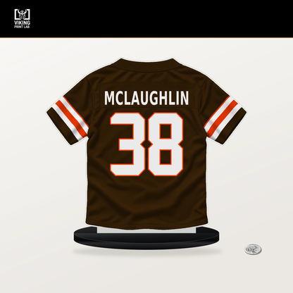 Jaleel McLaughlin number 38 Cleveland Browns jersey stand with included black base.
