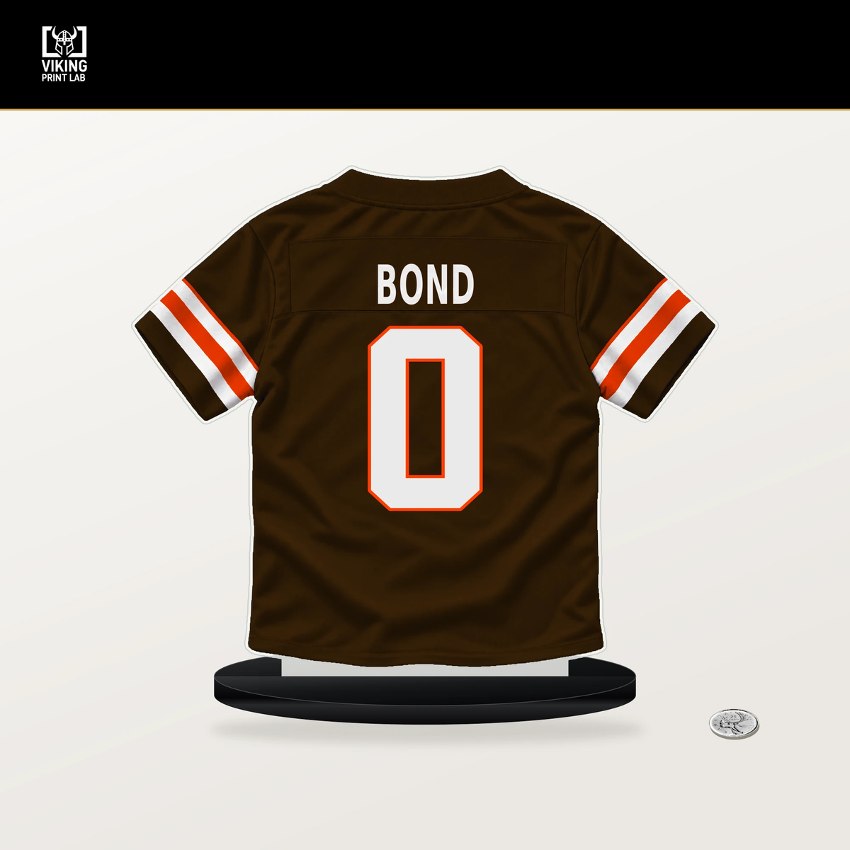 Isaiah Bond number 0 Cleveland Browns jersey stand with included black base.