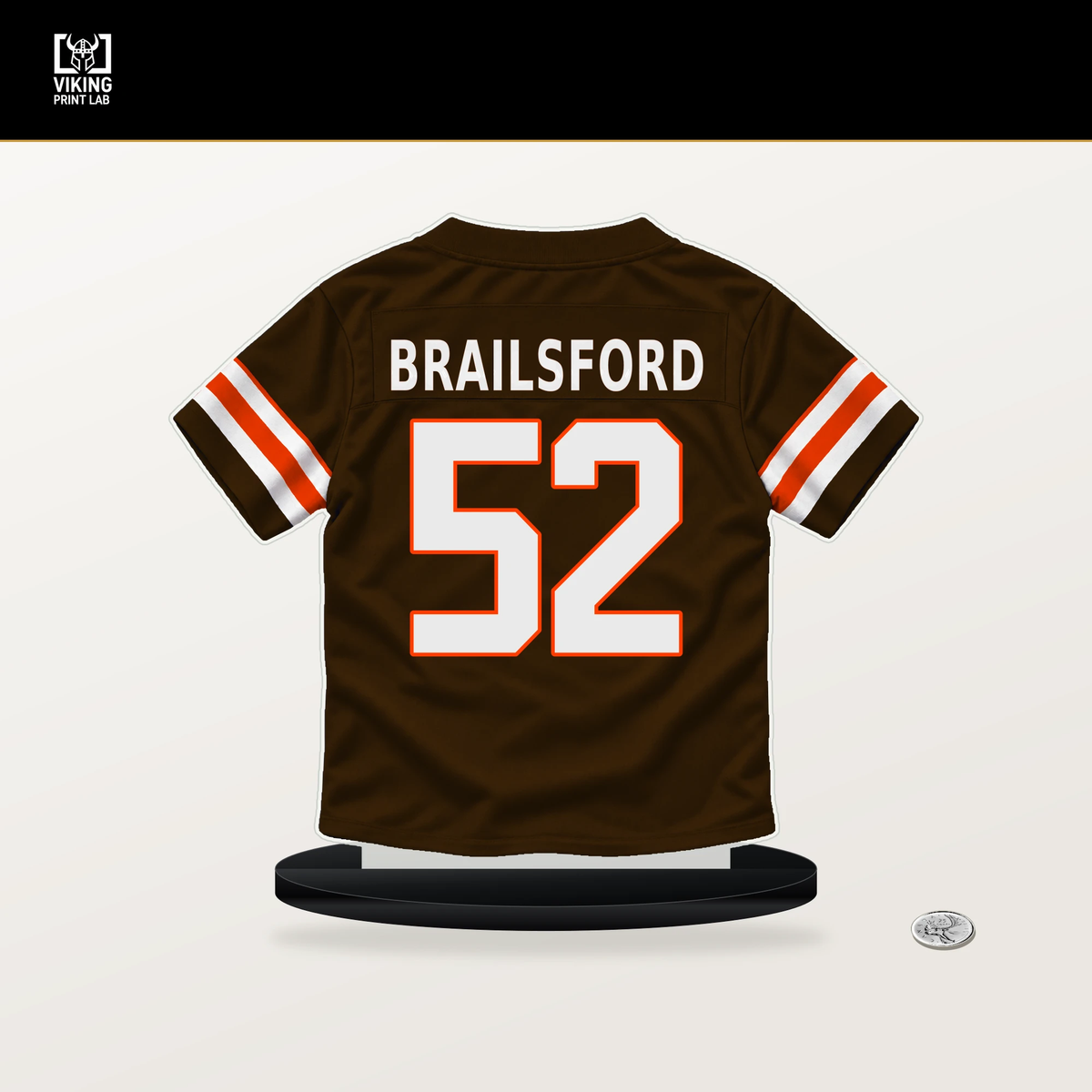 Parker Brailsford number 52 Cleveland Browns jersey stand with included black base.