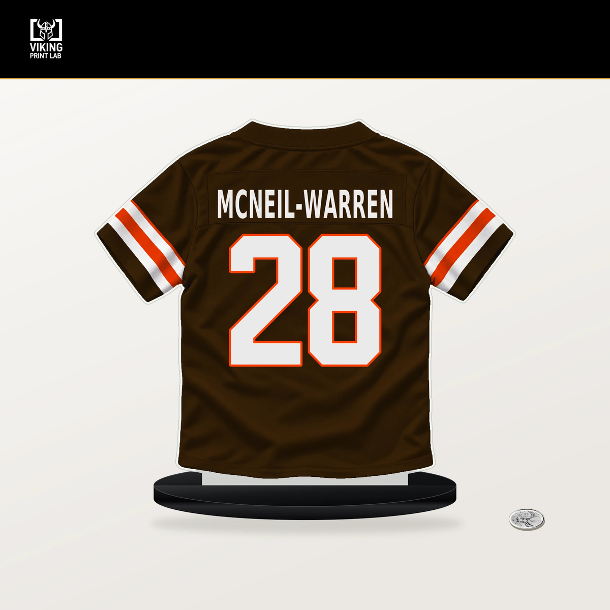 Emmanuel McNeil-Warren number 28 Cleveland Browns jersey stand with included black base.
