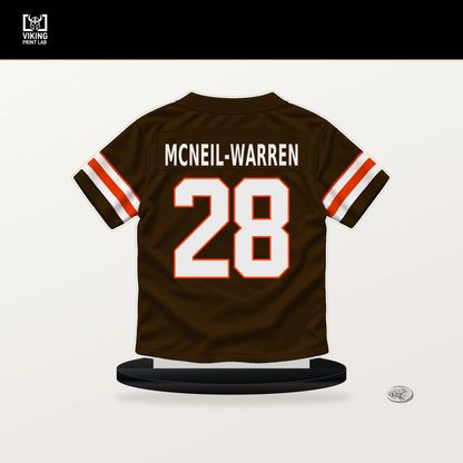 Emmanuel McNeil-Warren number 28 Cleveland Browns jersey stand with included black base.