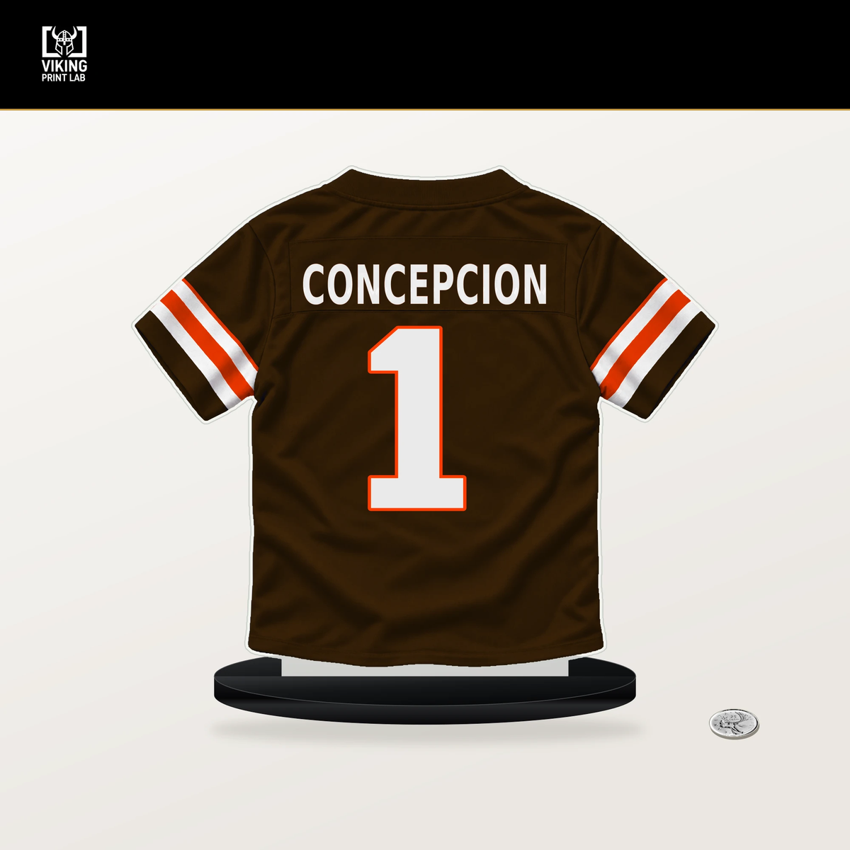 KC Concepcion number 1 Cleveland Browns jersey stand with included black base.