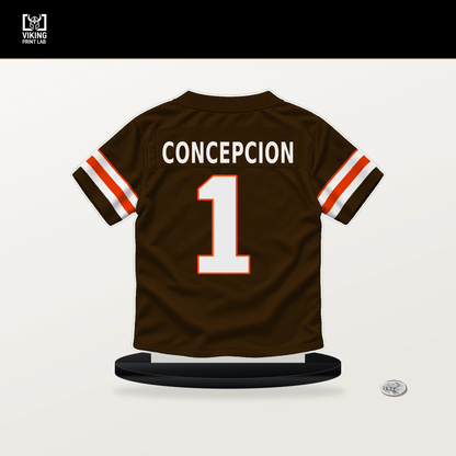 KC Concepcion number 1 Cleveland Browns jersey stand with included black base.