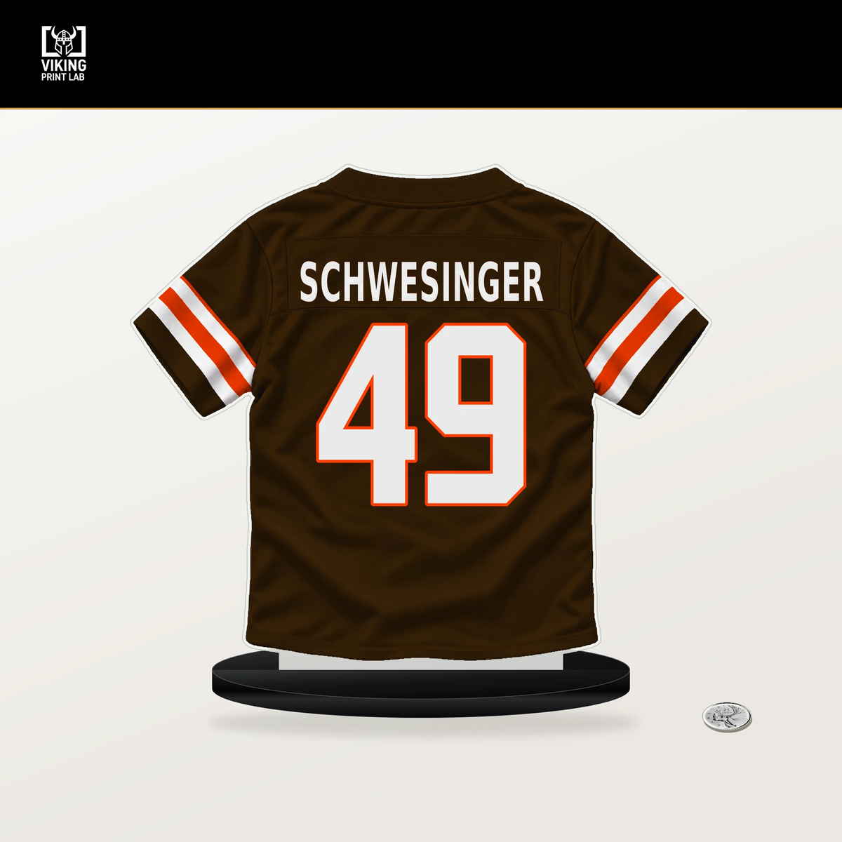 Carson Schwesinger number 49 Cleveland Browns jersey stand with included black base.