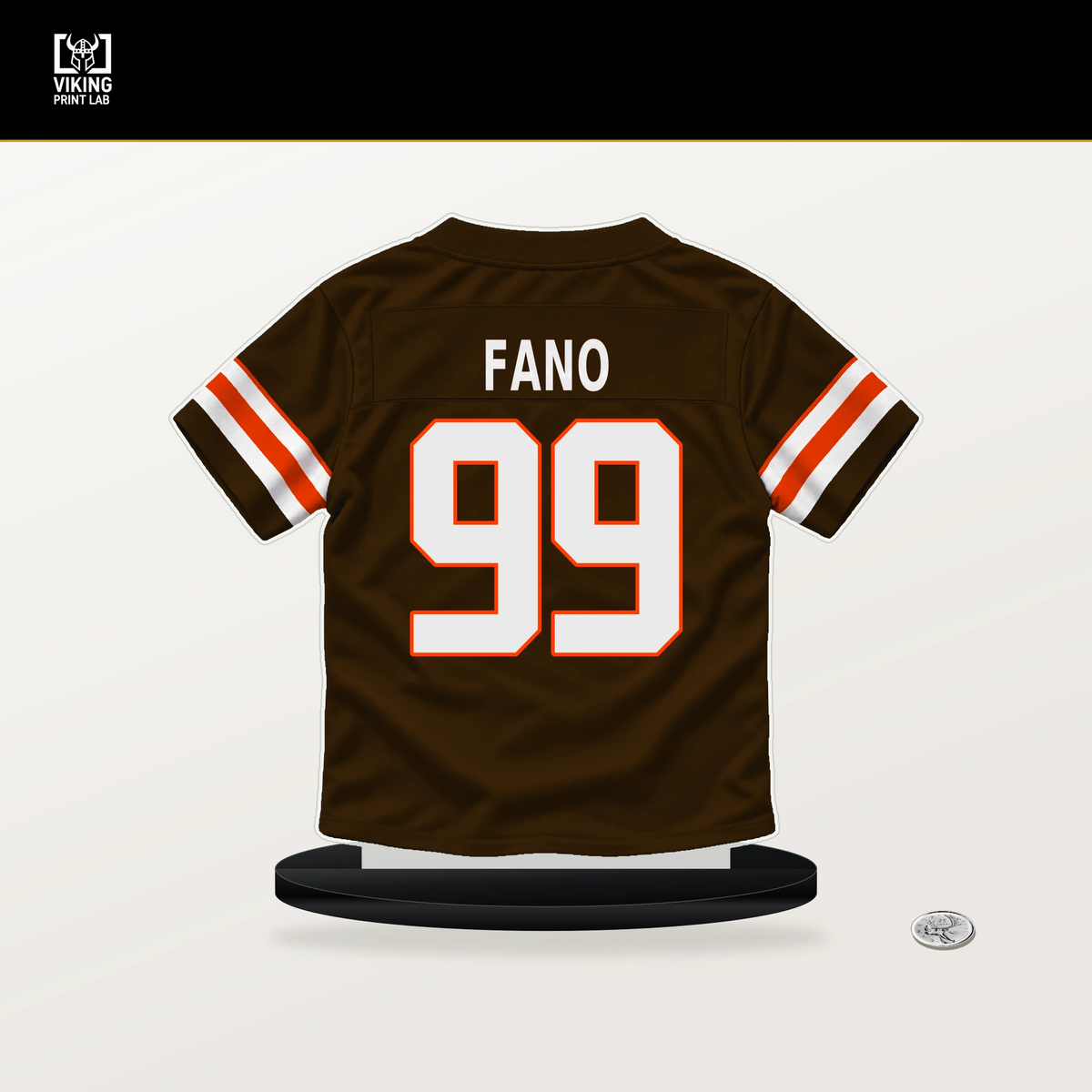 Logan Fano number 99 Cleveland Browns jersey stand with included black base.