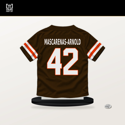 Easton Mascarenas-Arnold number 42 Cleveland Browns jersey stand with included black base.