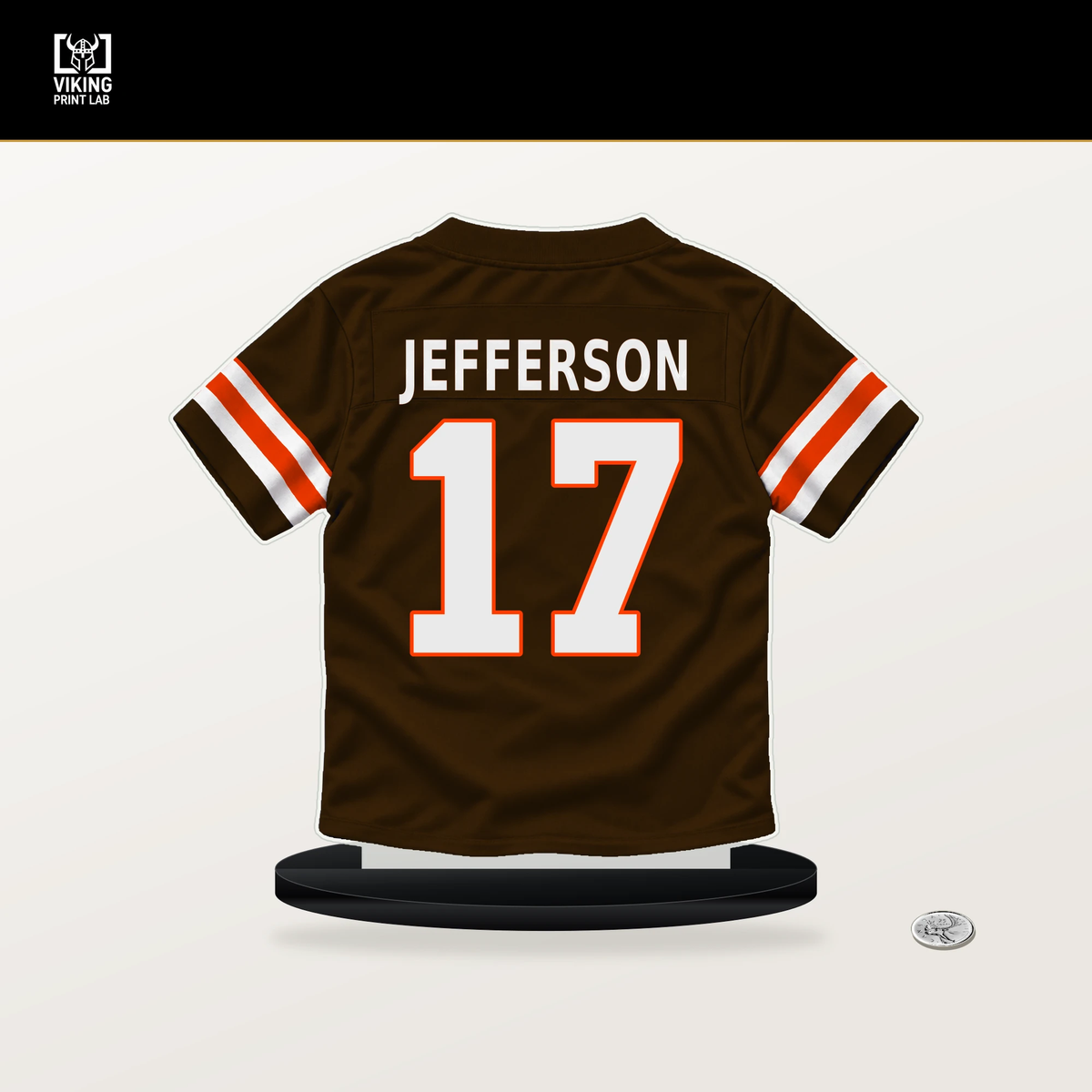 Justin Jefferson number 17 Cleveland Browns jersey stand with included black base.
