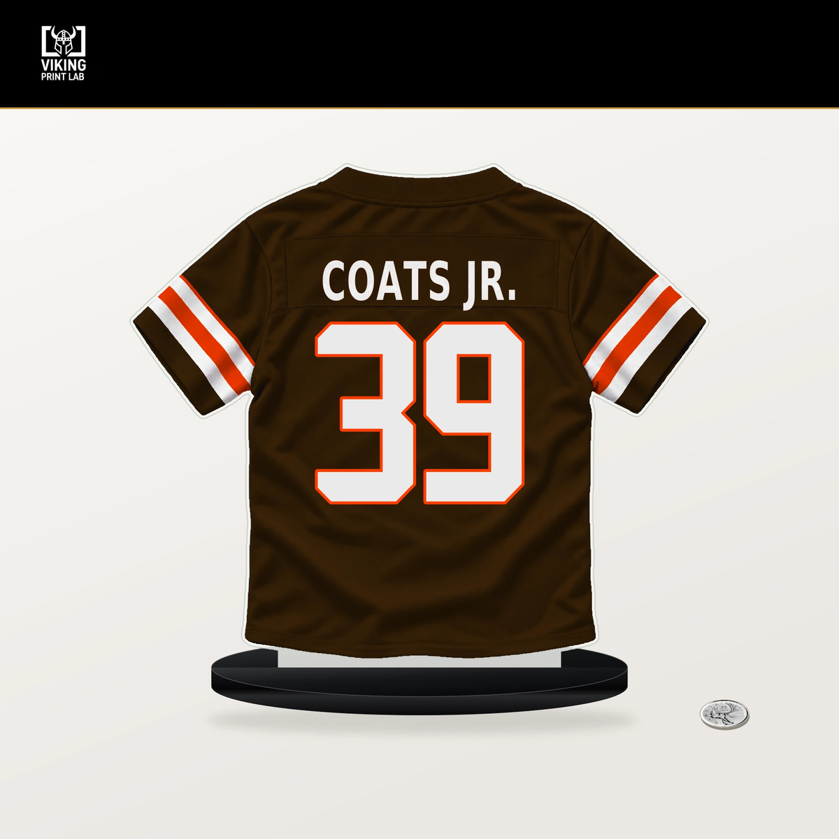 Michael Coats Jr. number 39 Cleveland Browns jersey stand with included black base.