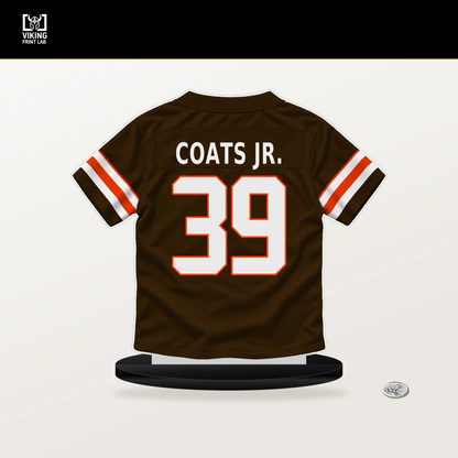 Michael Coats Jr. number 39 Cleveland Browns jersey stand with included black base.
