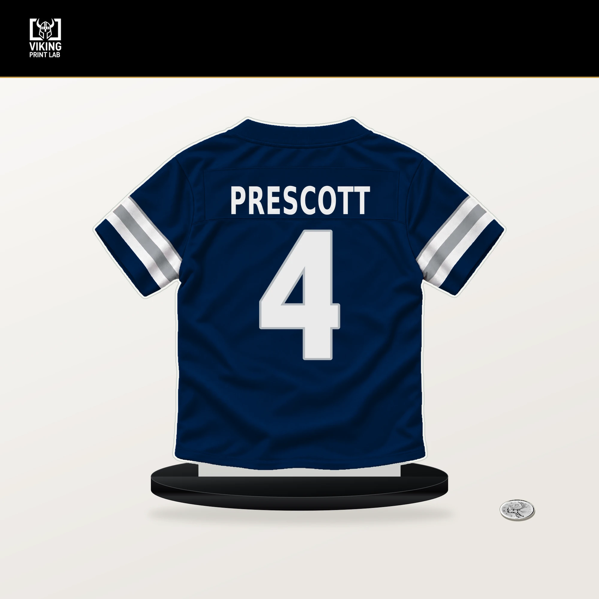 Dak Prescott number 4 Dallas Cowboys jersey stand with included black base.