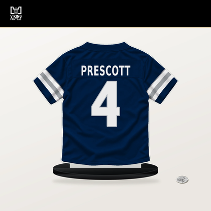 Dak Prescott number 4 Dallas Cowboys jersey stand with included black base.