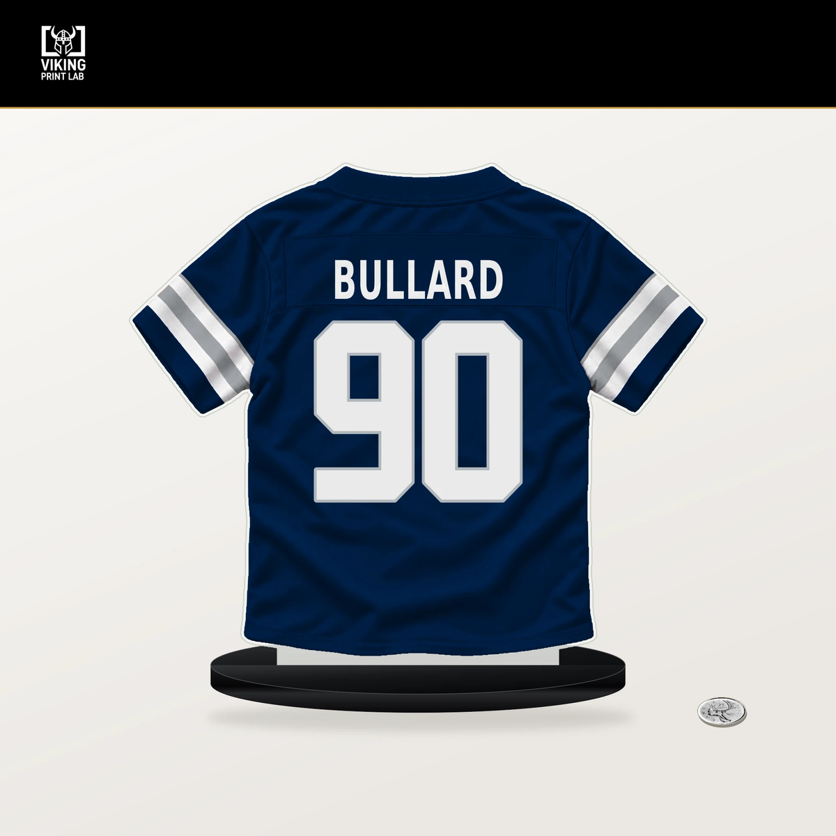Jonathan Bullard number 90 Dallas Cowboys jersey stand with included black base.