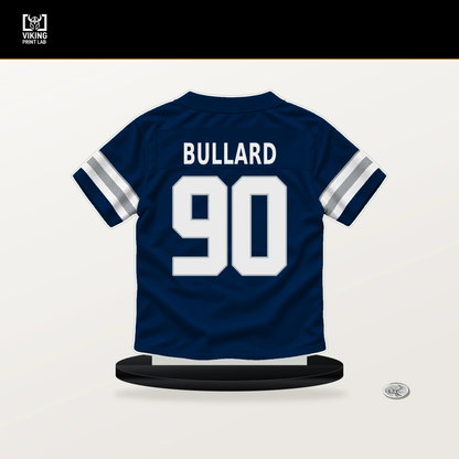 Jonathan Bullard number 90 Dallas Cowboys jersey stand with included black base.