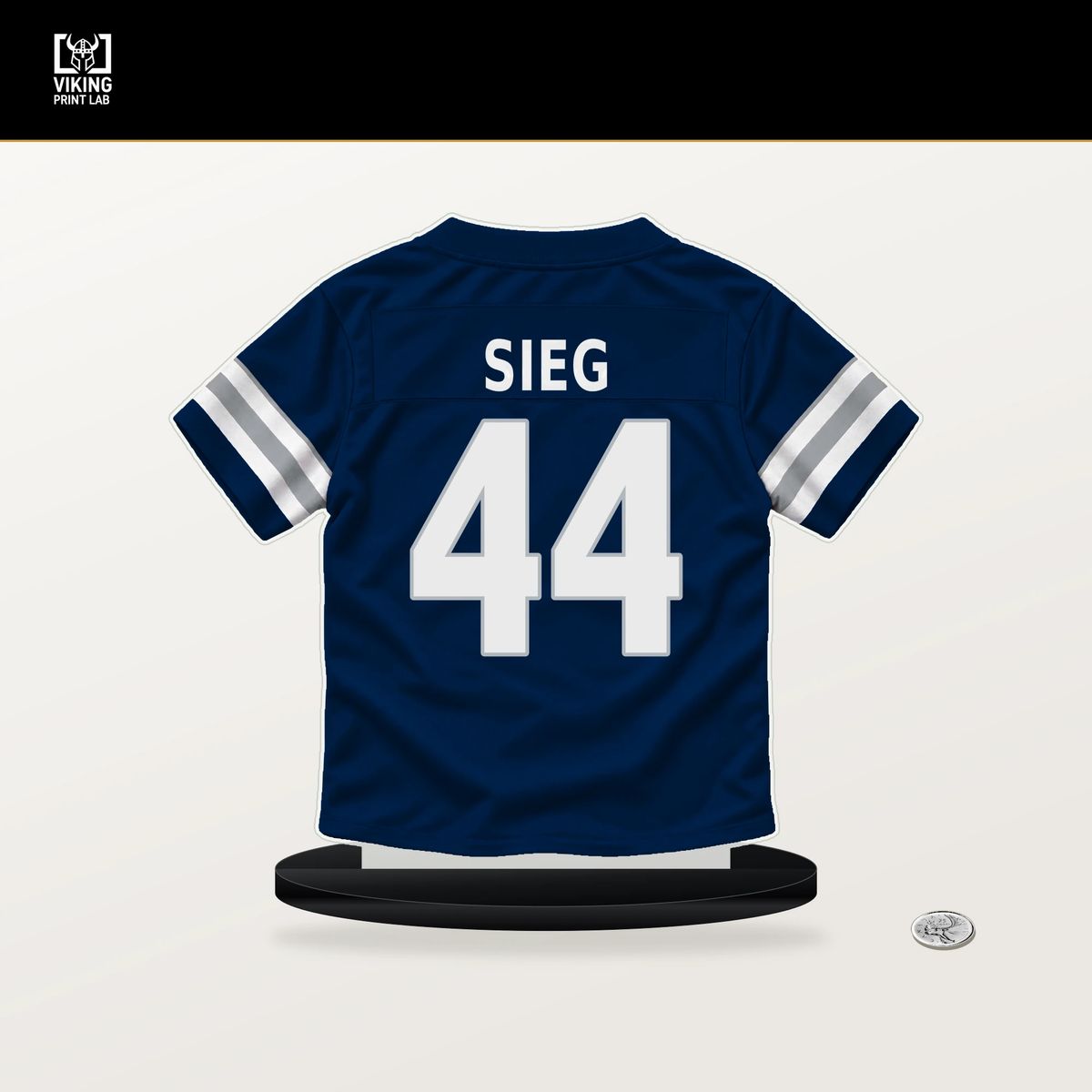 Trent Sieg number 44 Dallas Cowboys jersey stand with included black base.